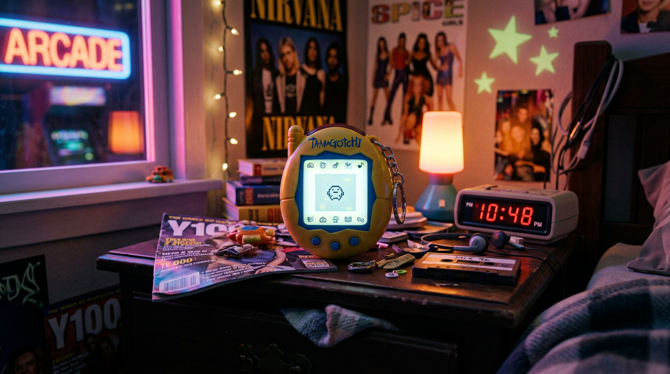 Neon Noir style illustration of a glowing Tamagotchi device on a retro bedroom nightstand, soft neon lighting, nostalgic